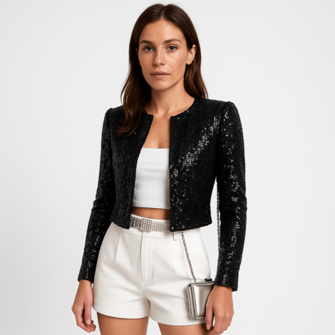 Veste de Soirée Courte à Sequins Brillants | Glamour et Structurée
