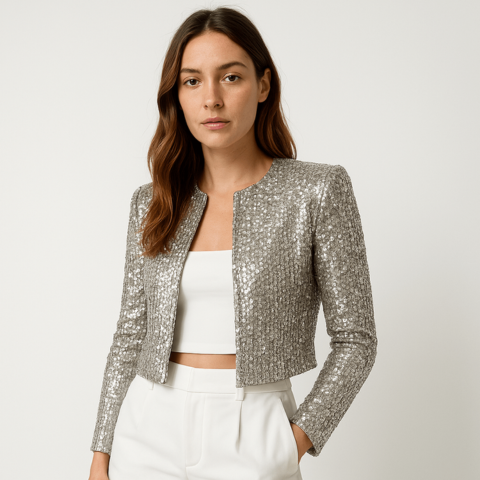 Veste de Soirée Courte à Sequins Brillants | Glamour et Structurée